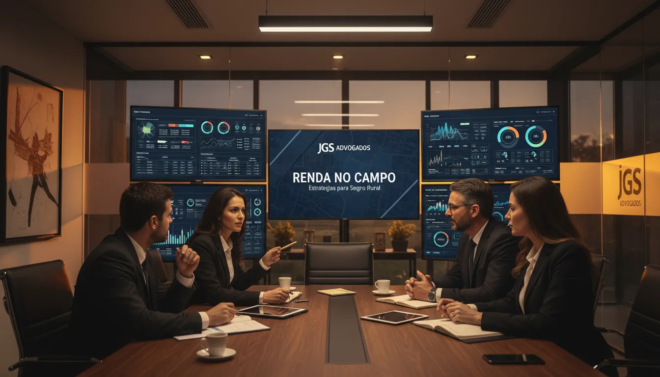 Profissionais discutindo estratégias de seguro rural em ambiente colaborativo.