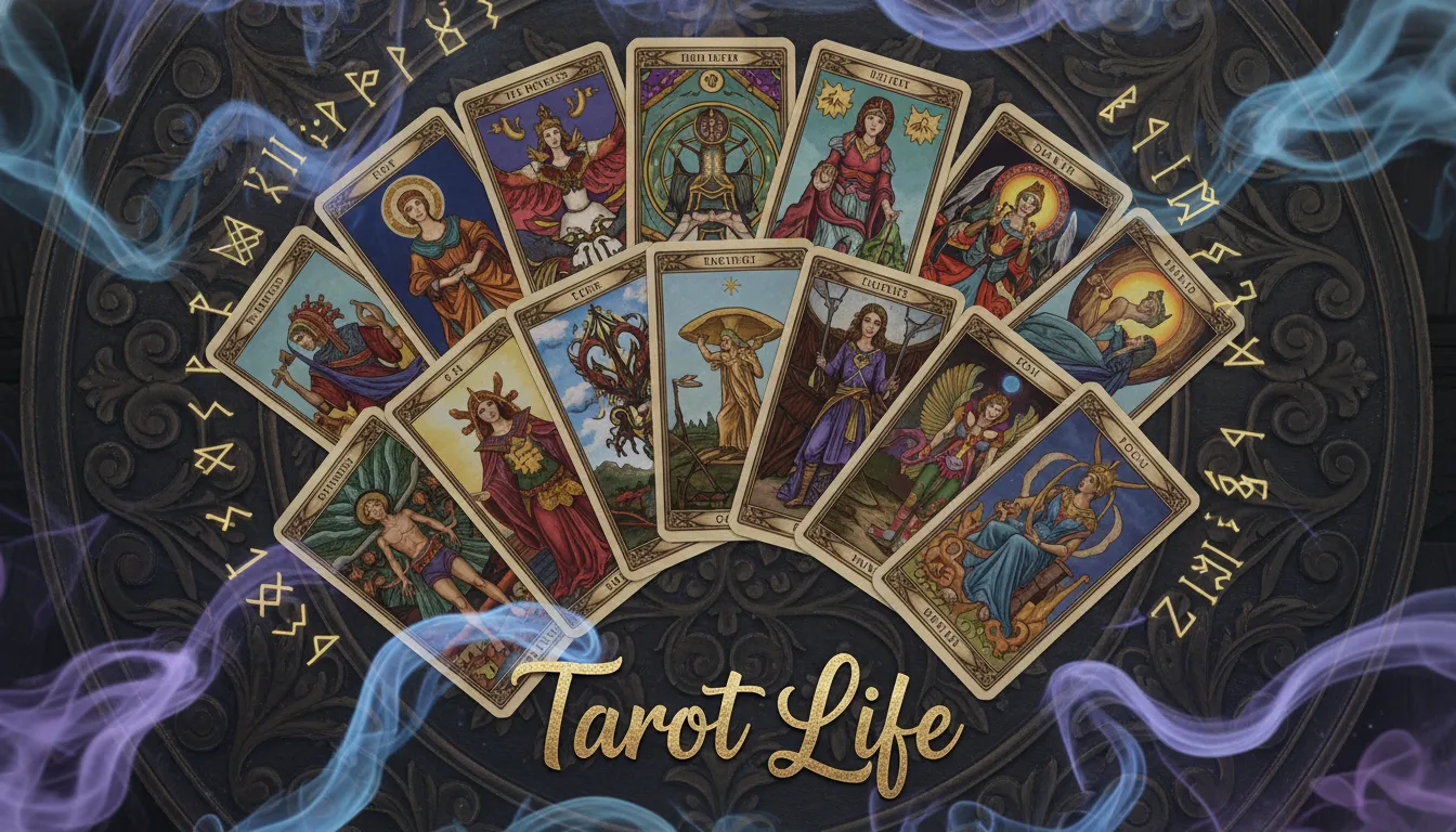 Visão detalhada de cartas de tarot com elementos místicos. Explore como o tarot pode revolucionar sua vida pessoal, oferecendo insights para o dia a dia.