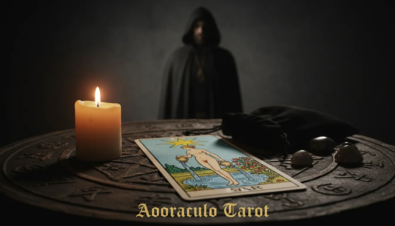 Cena mística com vela iluminando a carta 'A Estrela' do tarot, simbolizando esperança e renovação, ilustrando como o tarot revolucionar vida pessoal com Aooraculo.