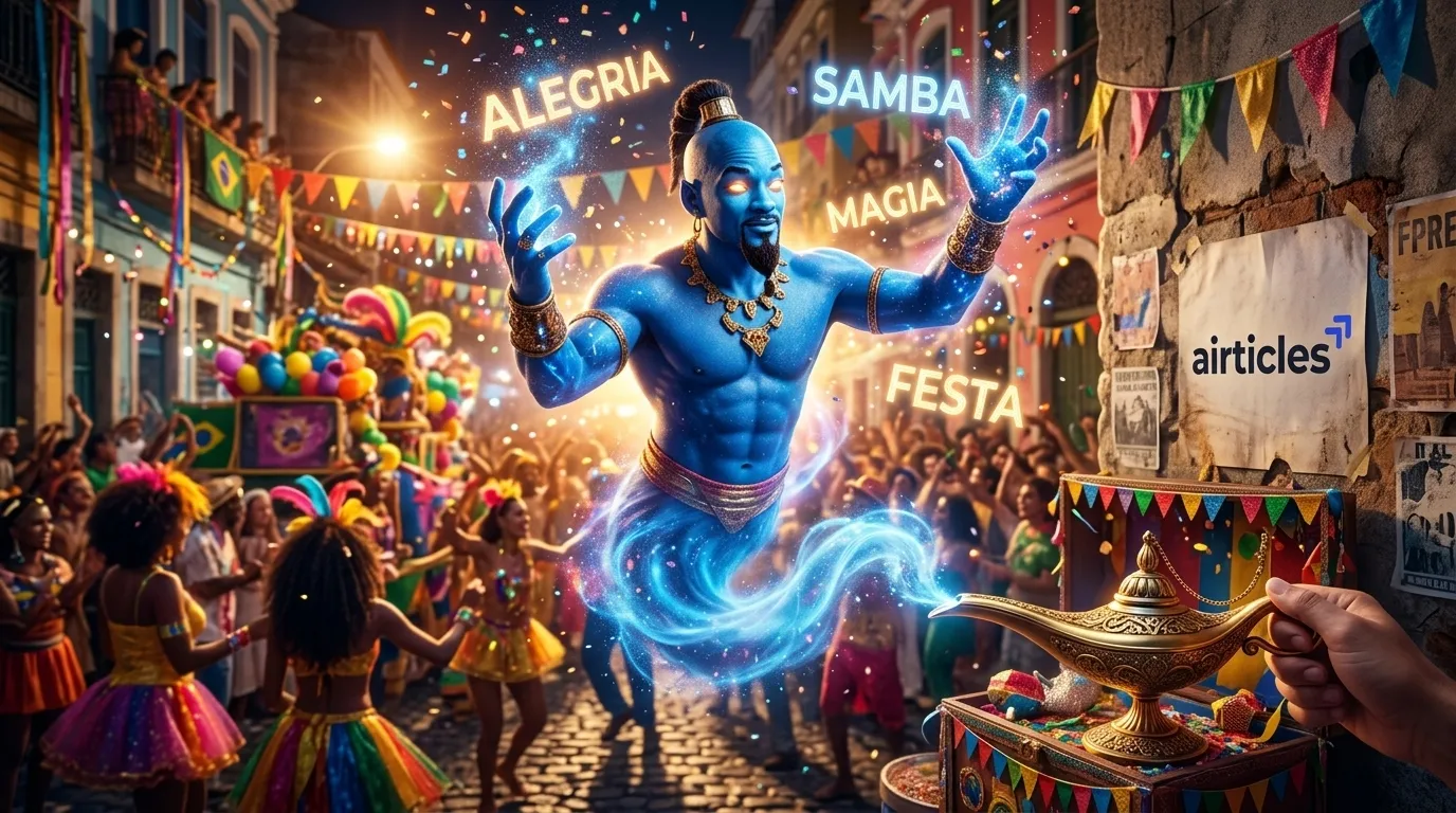 Gênio da lâmpada azul gerando termos com buscador de palavras chave durante festa de Carnaval.