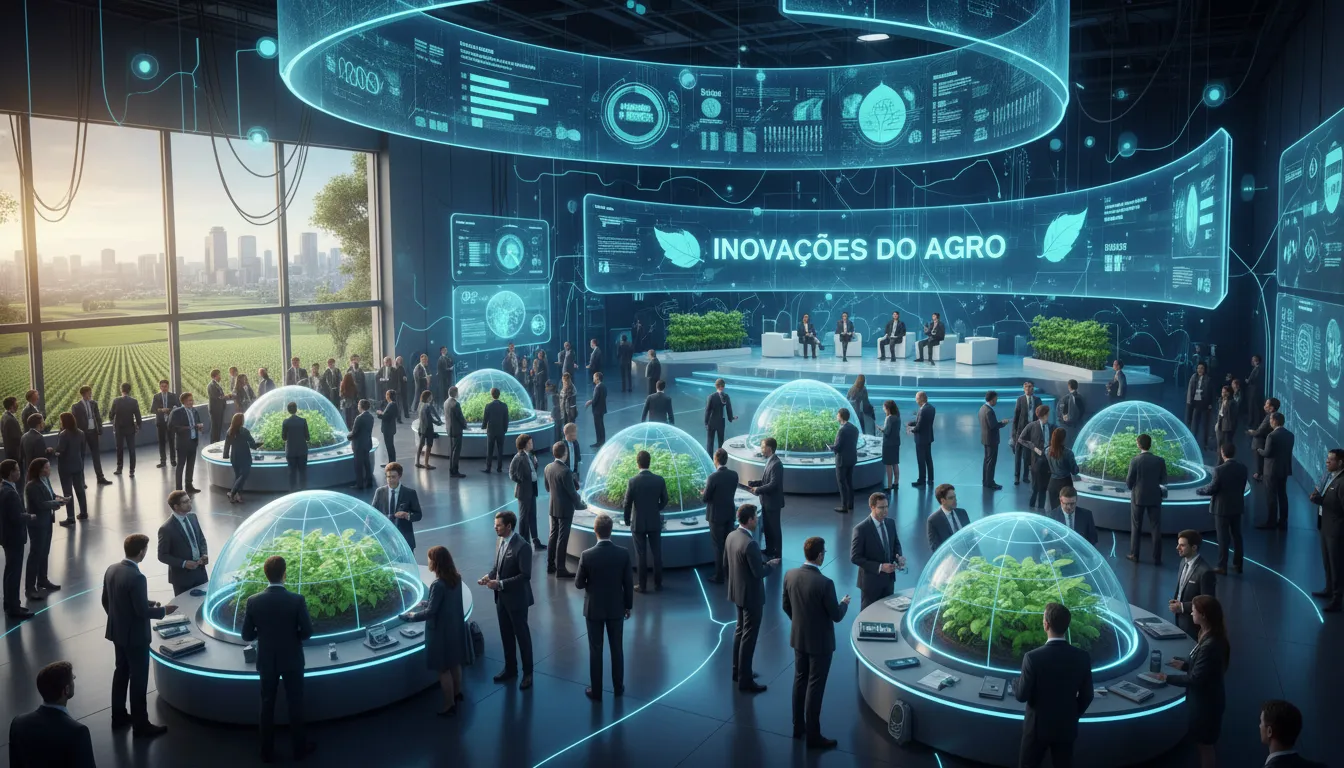 Conferência agrícola futurista com troca de ideias sobre inovações.