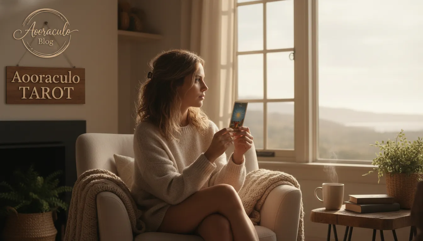 Mulher segurando a carta 'A Estrela' do tarot, olhando para a janela, representando o potencial do tarot para revolucionar vida pessoal e trazer esperança. Aooraculo Blog.