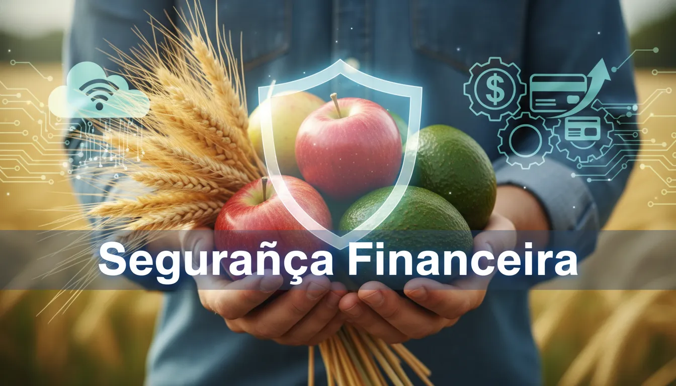 Foco em produtos agrícolas sendo segurados, representando a segurança financeira.