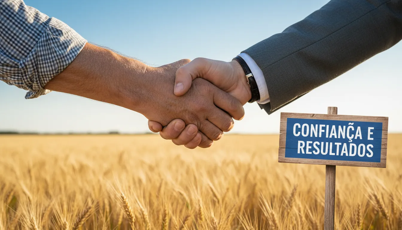 Aperto de mãos simboliza confiança entre advogado e agricultor.
