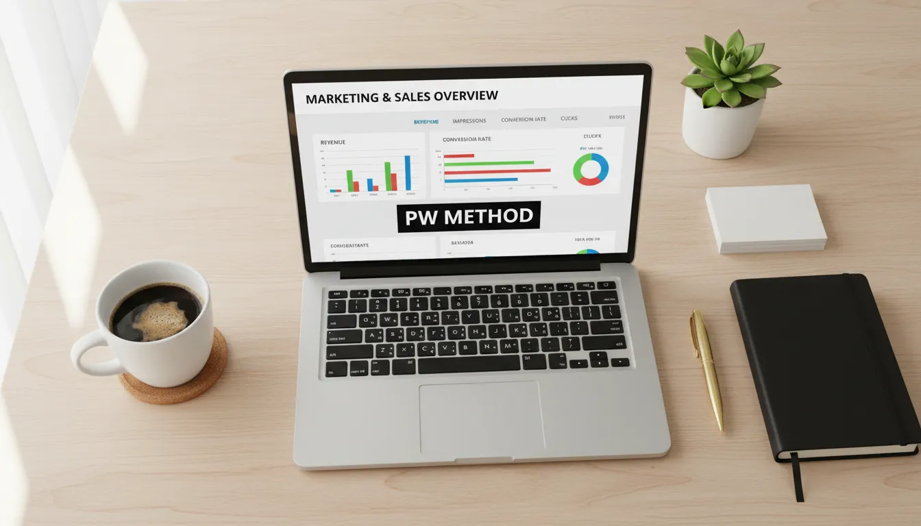 Visão de cima de um dashboard que gera resultados em um laptop, cercado por café e itens de escritório, representando a produtividade.