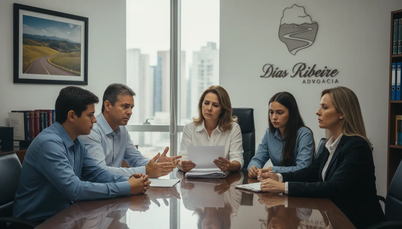 Família preocupada discute plano de saúde com advogado em Campinas da Dias Ribeiro Advocacia, transmitindo confiança e apoio.