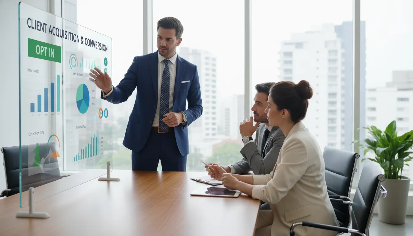Reunião de apresentação de dashboard estratégico para otimização de opt in o que é em clínicas de estética, studios e marcas wellness.
