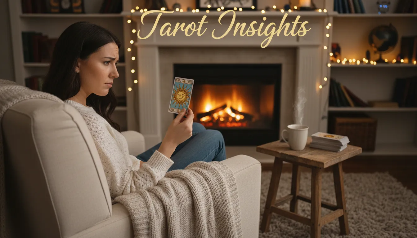 Ambiente acolhedor com uma pessoa segurando uma carta de tarot, refletindo sobre insights e como o tarot pode revolucionar a vida pessoal, com a marca Aooraculo Blog.