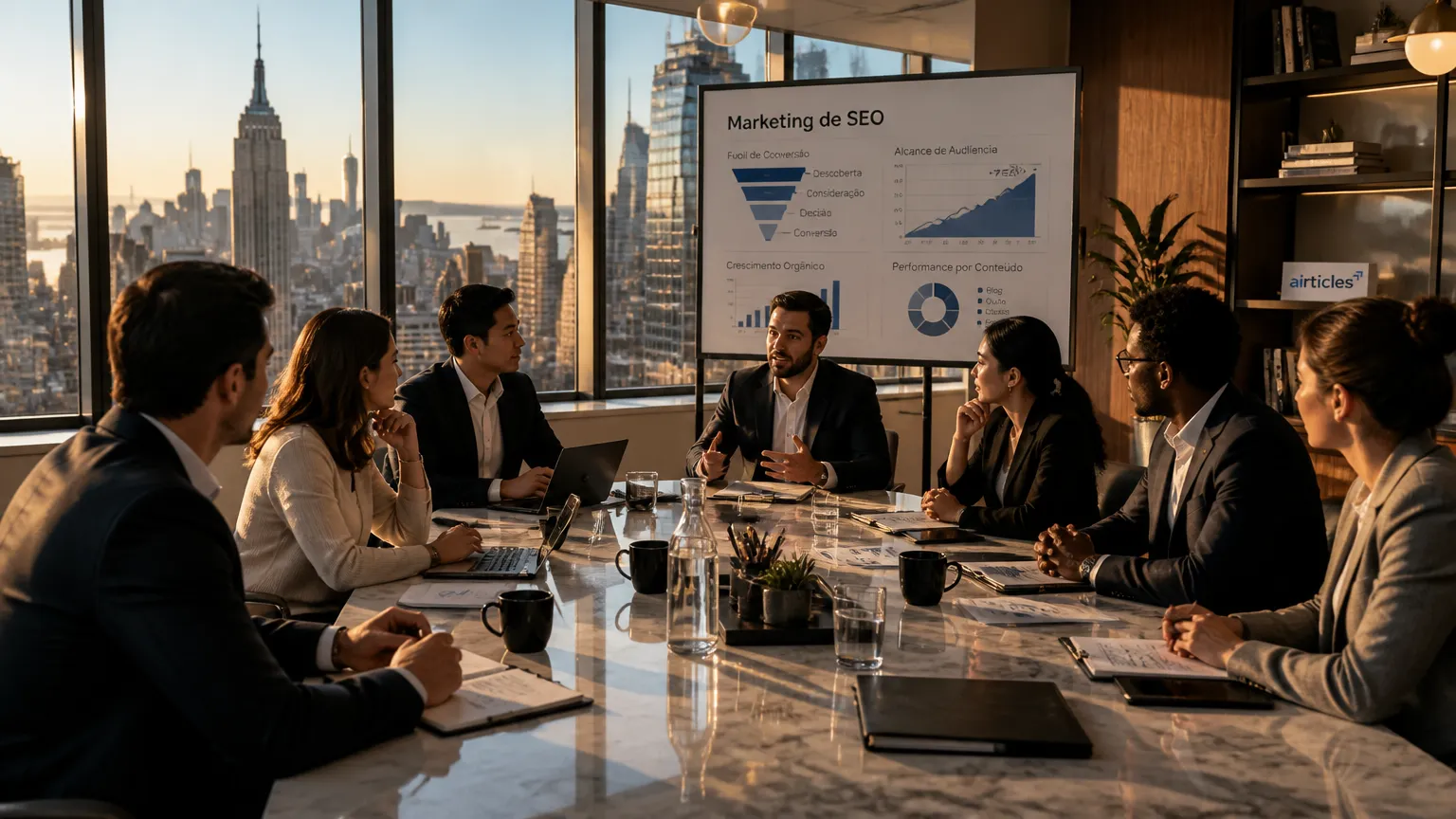 Reunião de negócios debatendo estratégia de marketing de SEO e conversão.