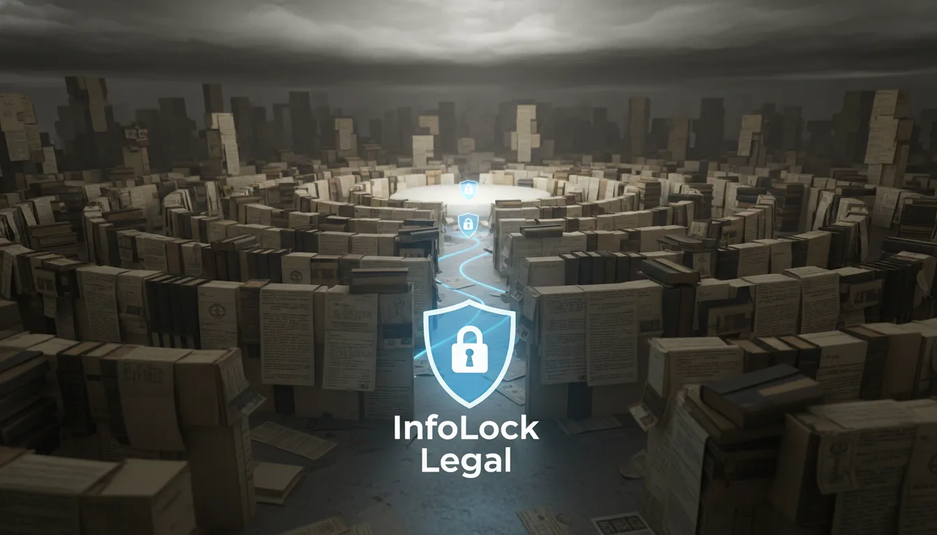 Um labirinto de documentos representando o desafio de navegar no 'legal obligations overlap', com a InfoLock como guia para uma solução clara e eficaz.