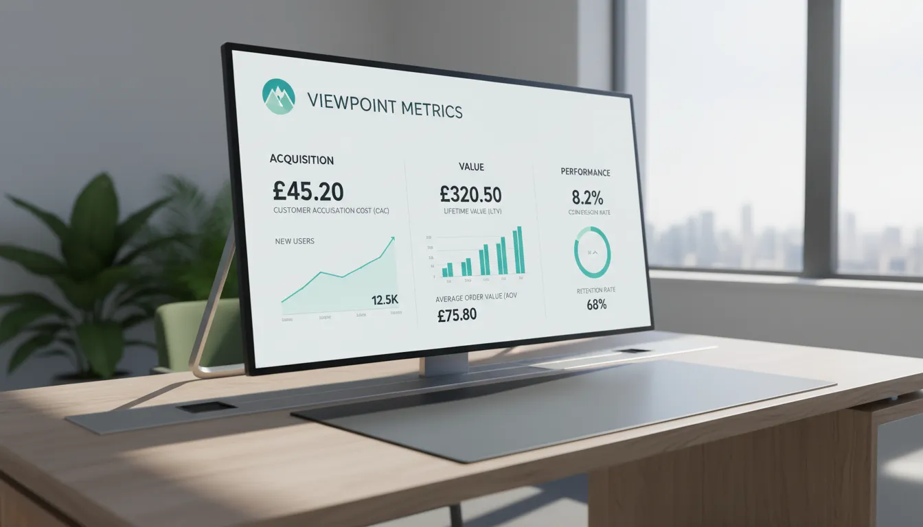 Interface de dashboard mostrando análises de marketing para uma marca wellness, com métricas claras do modelo de planejamento, como CAC e LTV.