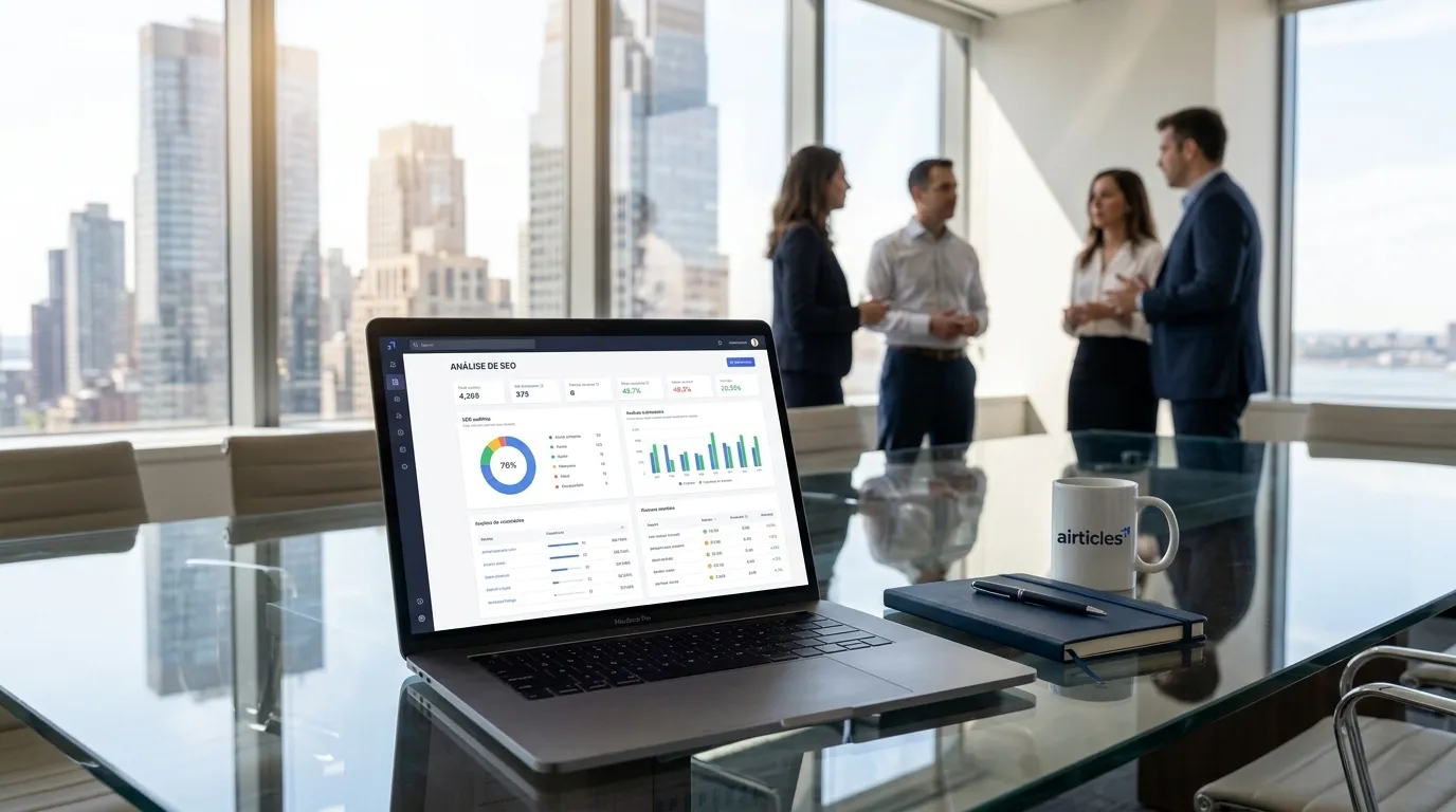Notebook exibindo ferramenta de SEO de site sobre mesa de reuniao corporativa em Manhattan