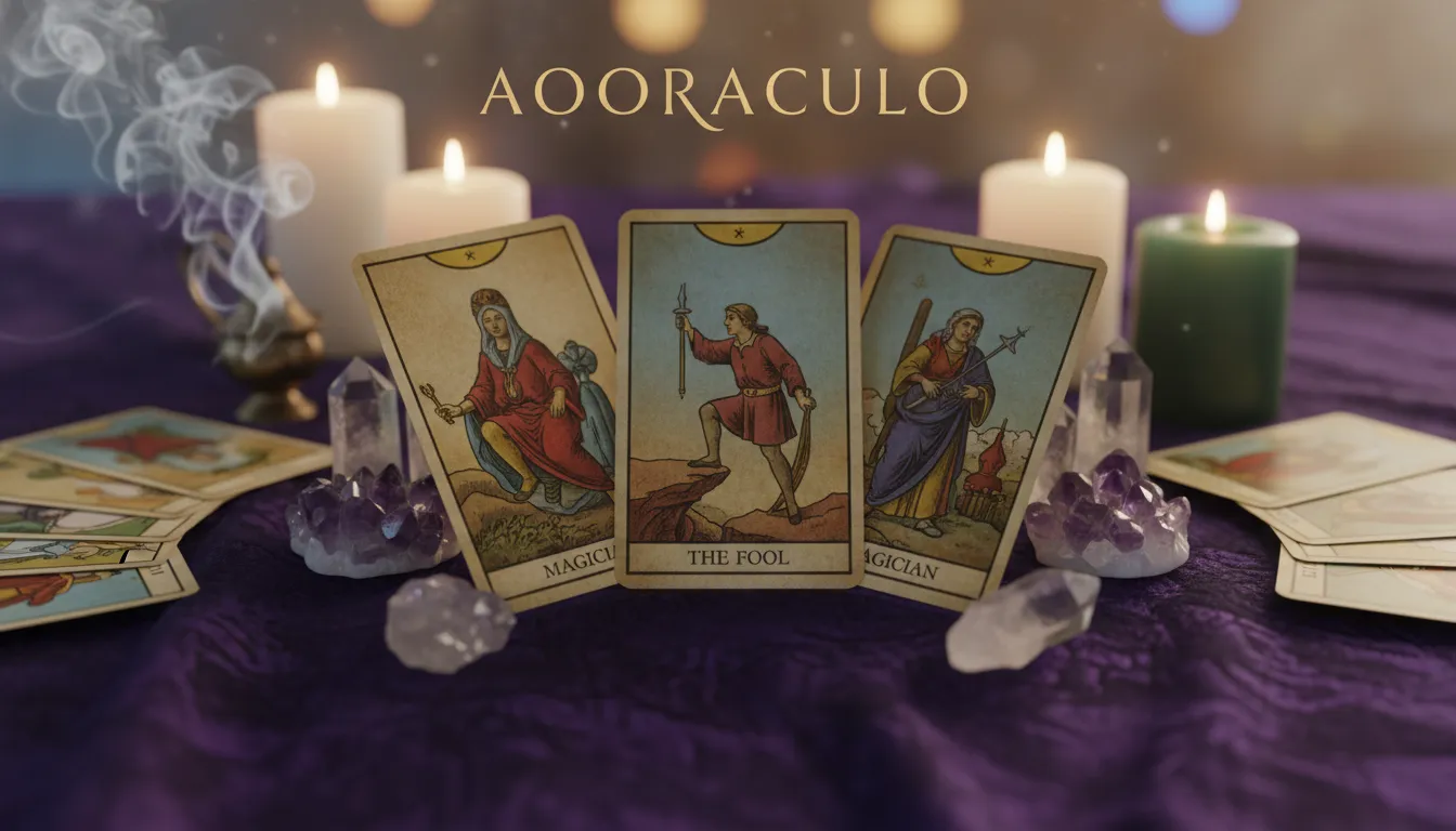 Cartas de tarot dispostas em um pano de veludo, com cristais e velas, ilustrando como o tarot revolucionar vida pessoal ao oferecer clareza. Aooraculo.