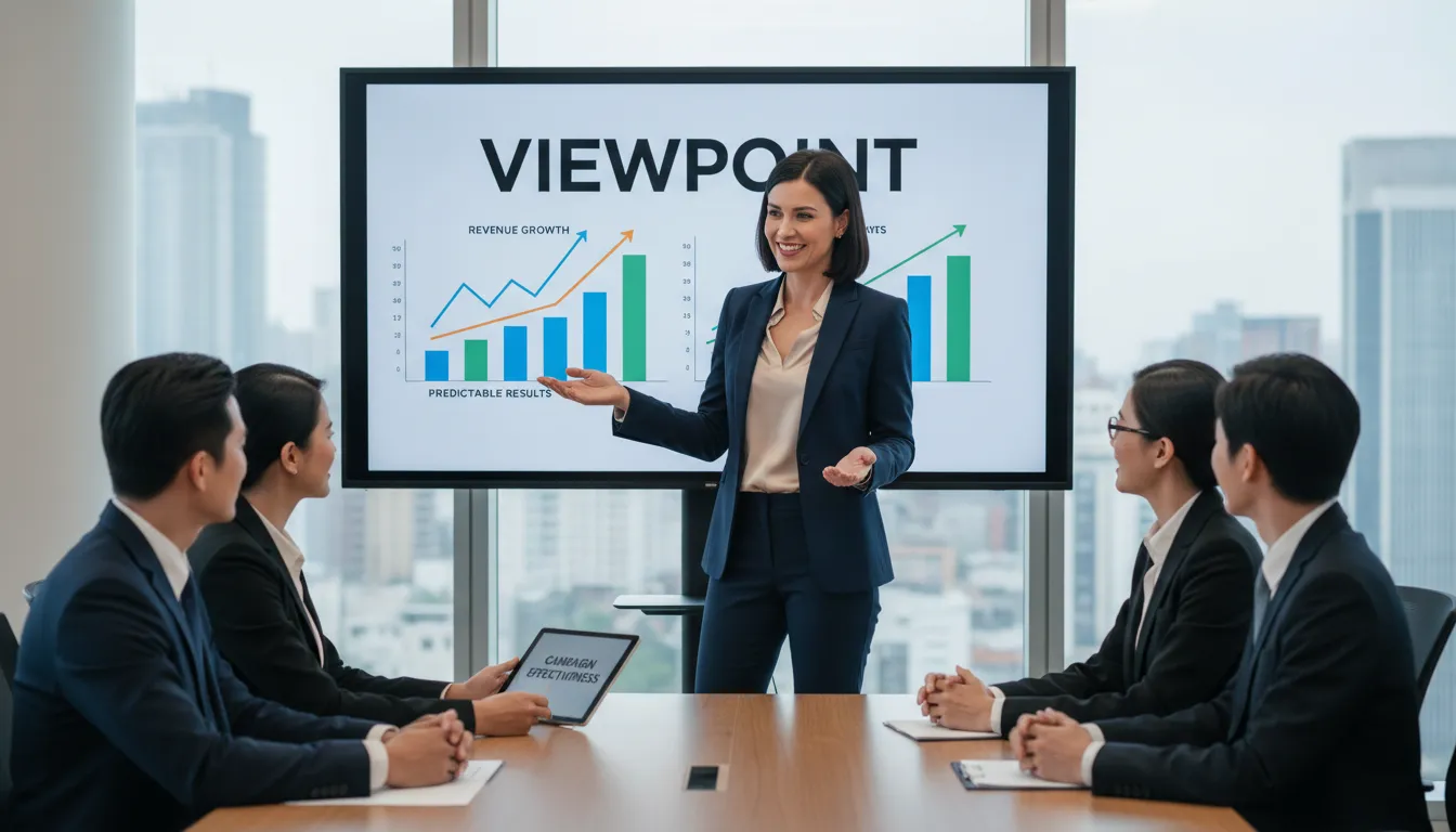 Empresário apresenta planejamento de marketing empresa para investidores, com foco em resultados previsíveis e crescimento estratégico.