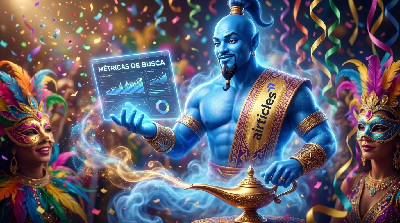 Gênio da lâmpada azul revelando vantagens do buscador de palavras chave em cenário carnavalesco.