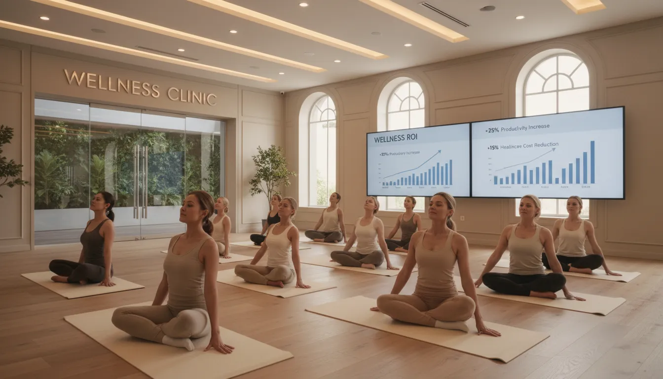 Interior de uma clínica wellness com clientes praticando yoga, enquanto métricas de ROI positivas são exibidas, ilustrando o modelo de planejamento focado em resultados.