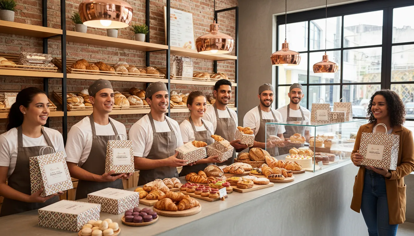 Equipe de padaria atendendo em espaço moderno com embalagens diferenciadas e produtos variados
