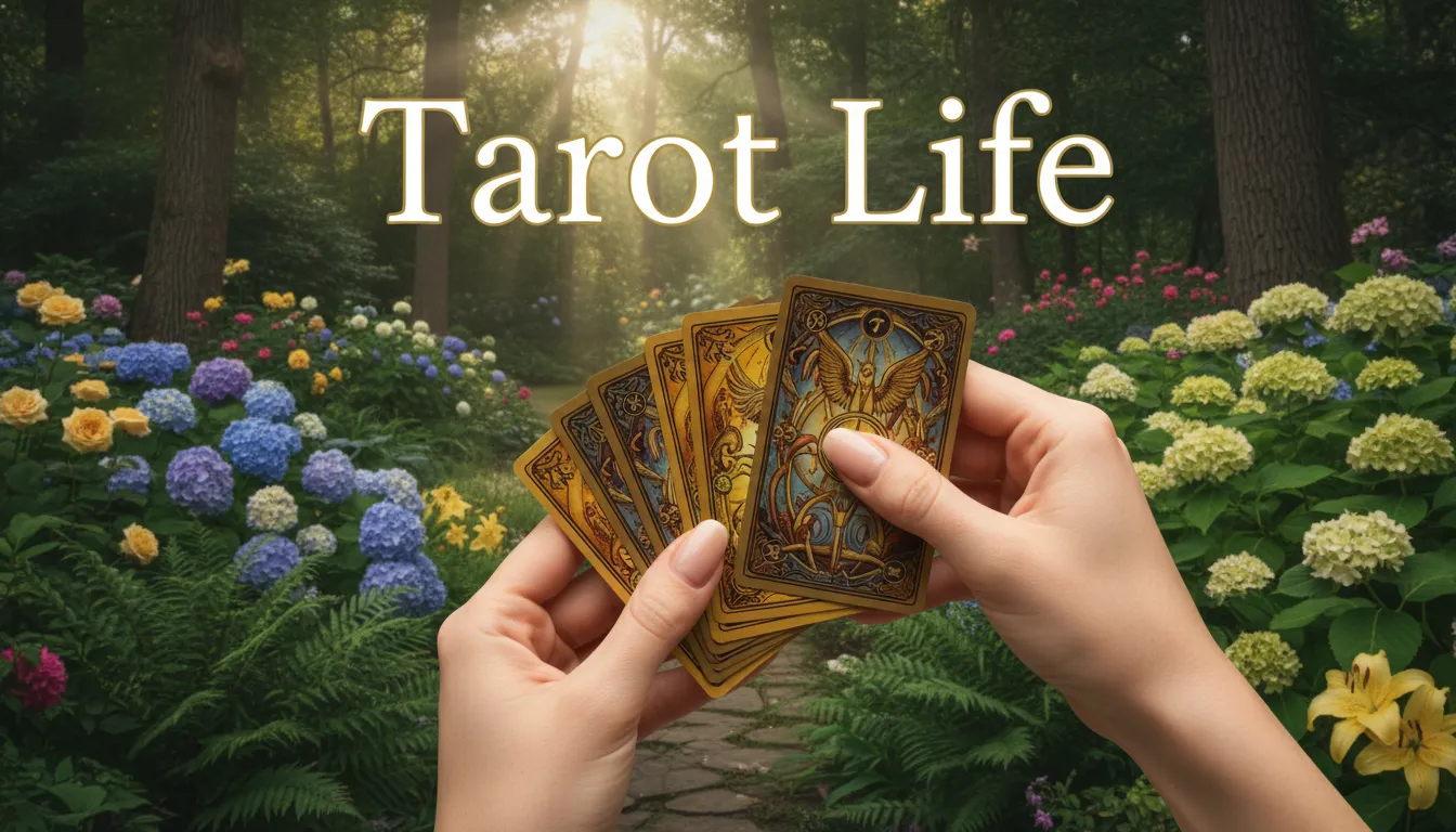 5 Dicas de Como o Tarot pode revolucionar sua vida pessoal, Descubra! Mãos embaralhando cartas de tarot em um jardim exuberante, simbolizando o potencial do tarot para revolucionar vida pessoal e trazer harmonia.
