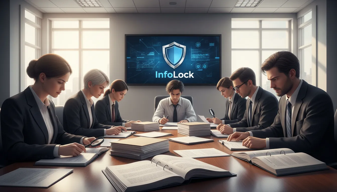 Um escritório de advocacia onde os advogados examinam documentos. O 'legal obligations overlap' é ilustrado pela complexidade dos documentos e expressões faciais dos envolvidos.