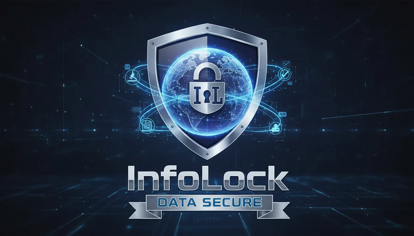 Ilustração de um escudo protegendo um globo digital, representando a segurança e conformidade em transferências de dados cross border workforce frameworks com a InfoLock.