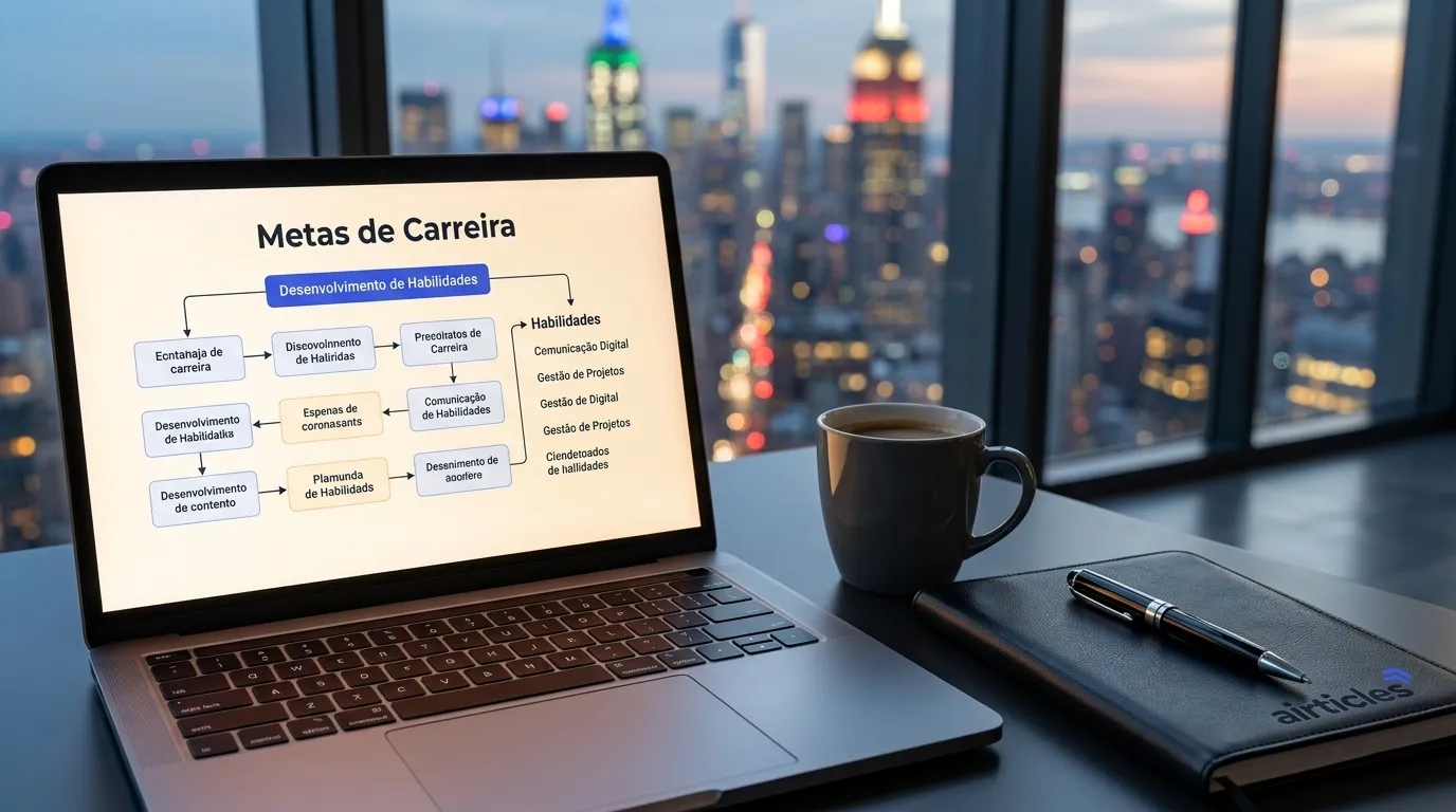 Notebook exibe fluxo digital de mapa de carreira palavras-chave em mesa corporativa em Manhattan.